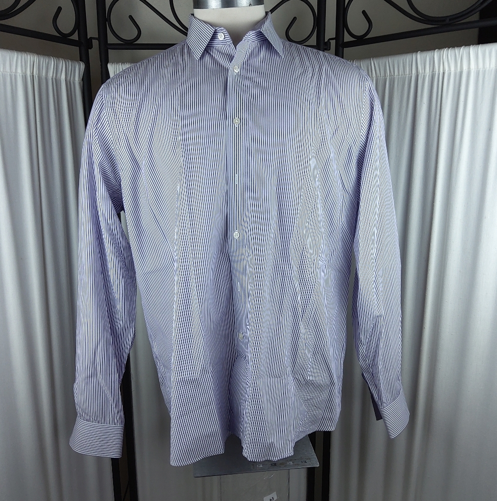 M&S Autograph Pure Cotton Dress Shirt, White‎ w/Purple Stripes, Size 17.5